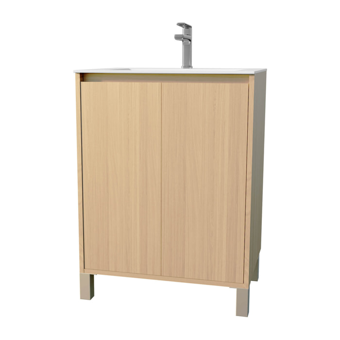 Pack Meuble Salle de Bains 60 cm Chêne Clair, 2 portes avec Vasque Céramique - XENOS