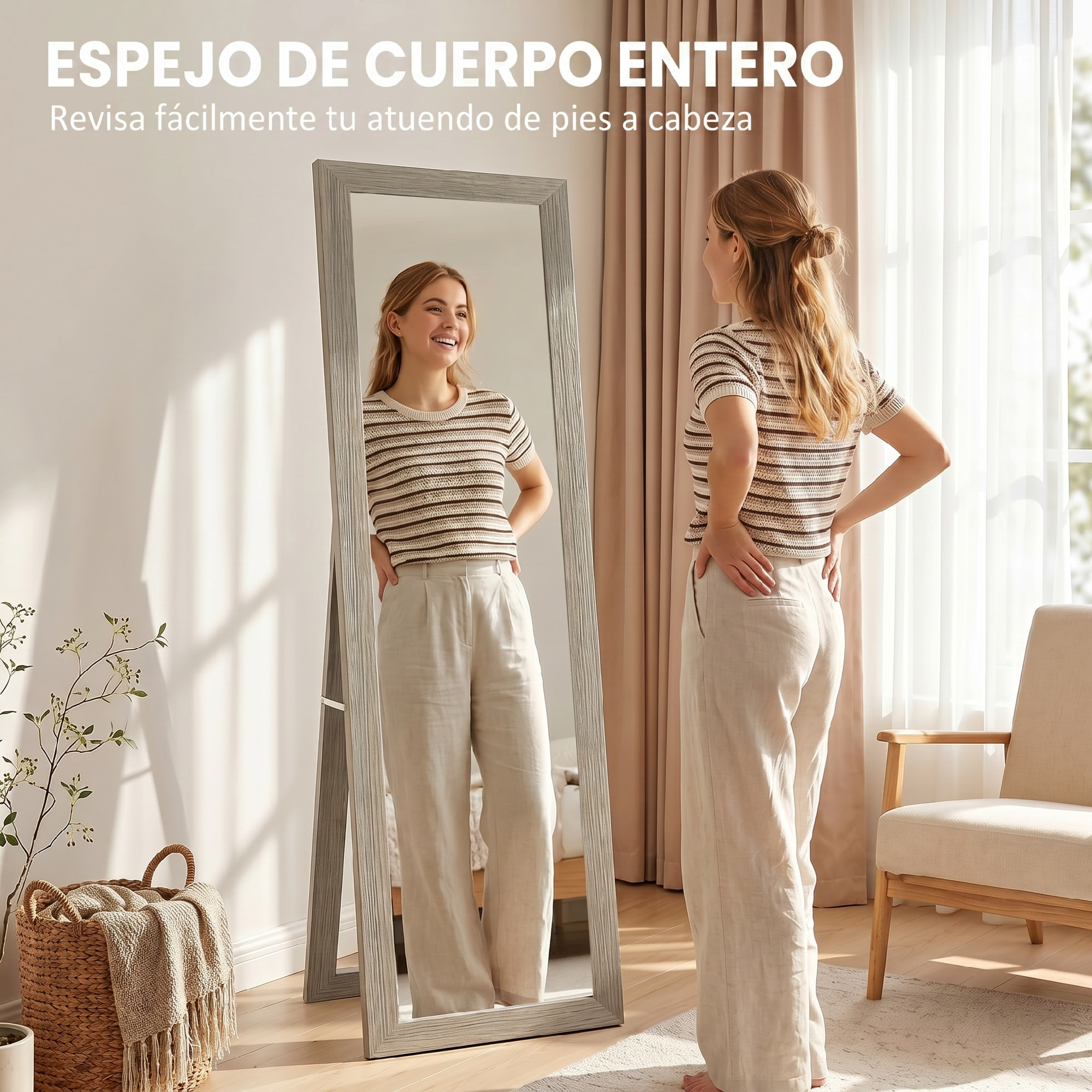 HOMCOM Espejo de Pie Cuerpo Entero 157x37 cm, Espejo de Cuerpo Entero con Soporte, 3 Formas de Uso, Independiente, Montaje Pared y Apoyado, para Salón, Entrada, Dormitorio, Gris
