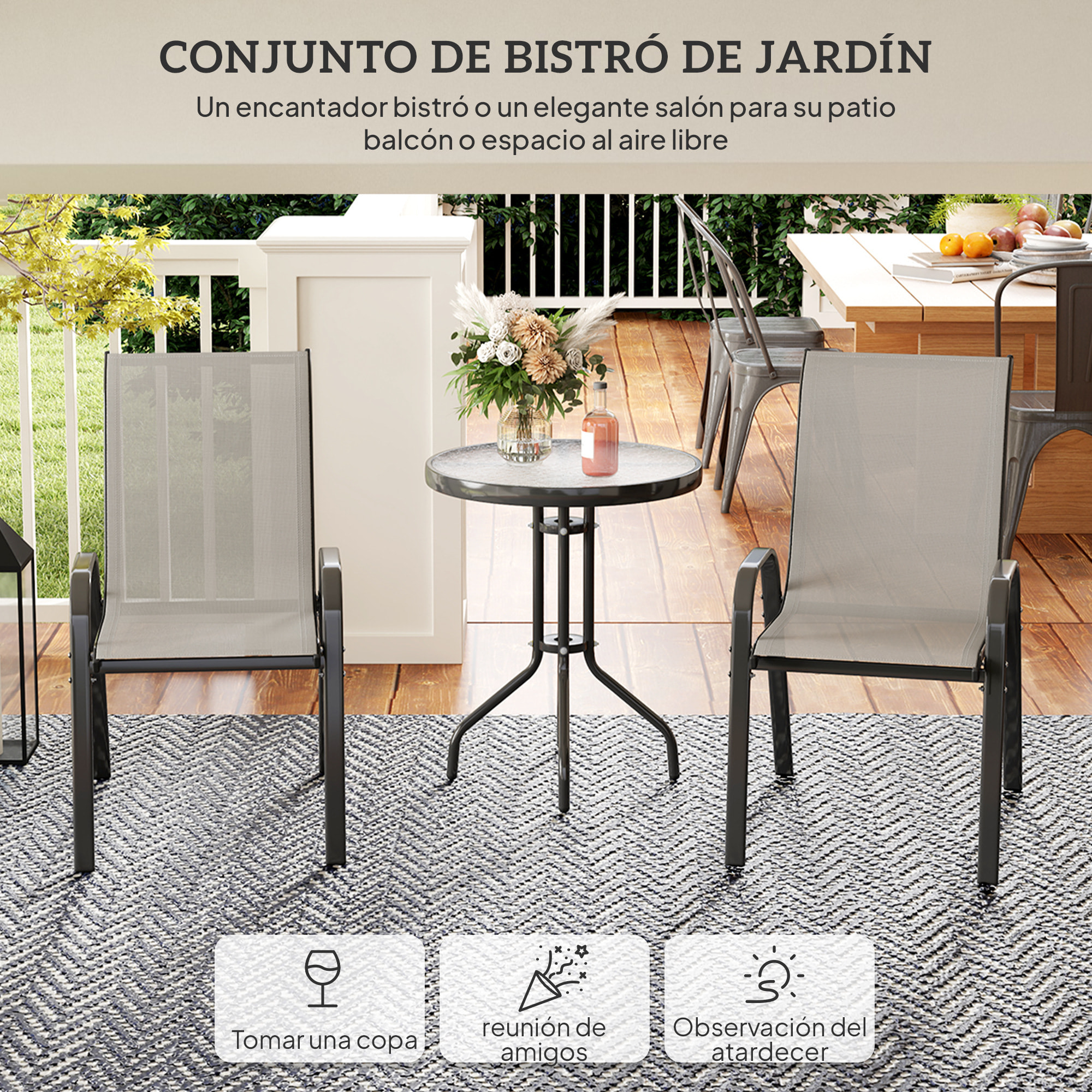 Conjunto de Mesa y Sillas de Terraza Exterior de 3 Piezas, Muebles de Jardín Exterior con Sillas Apilables, Encimera de Vidrio y Estructura de Acero, para Patio, Gris Claro