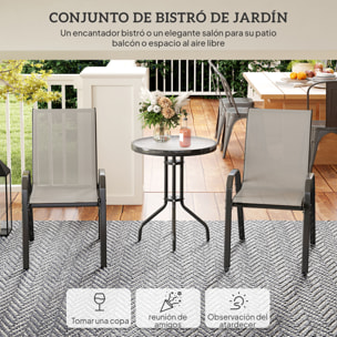 Conjunto de Mesa y Sillas de Terraza Exterior de 3 Piezas, Muebles de Jardín Exterior con Sillas Apilables, Encimera de Vidrio y Estructura de Acero, para Patio, Gris Claro