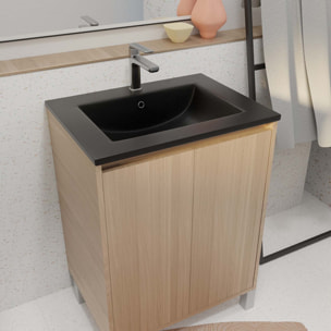 Meuble de salle de bains 60 cm 2 Portes Chêne Clair + Vasque Céramique Noire - XENOS