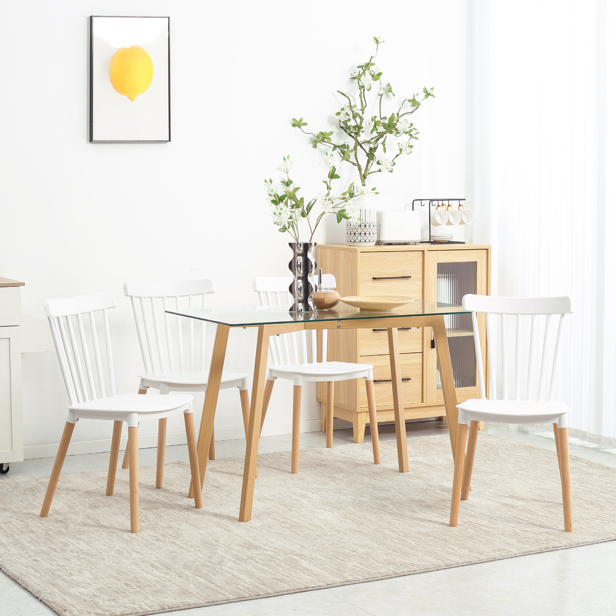 Lot de 4 chaises de salle à manger style scandinave piètement bois hêtre PP blanc