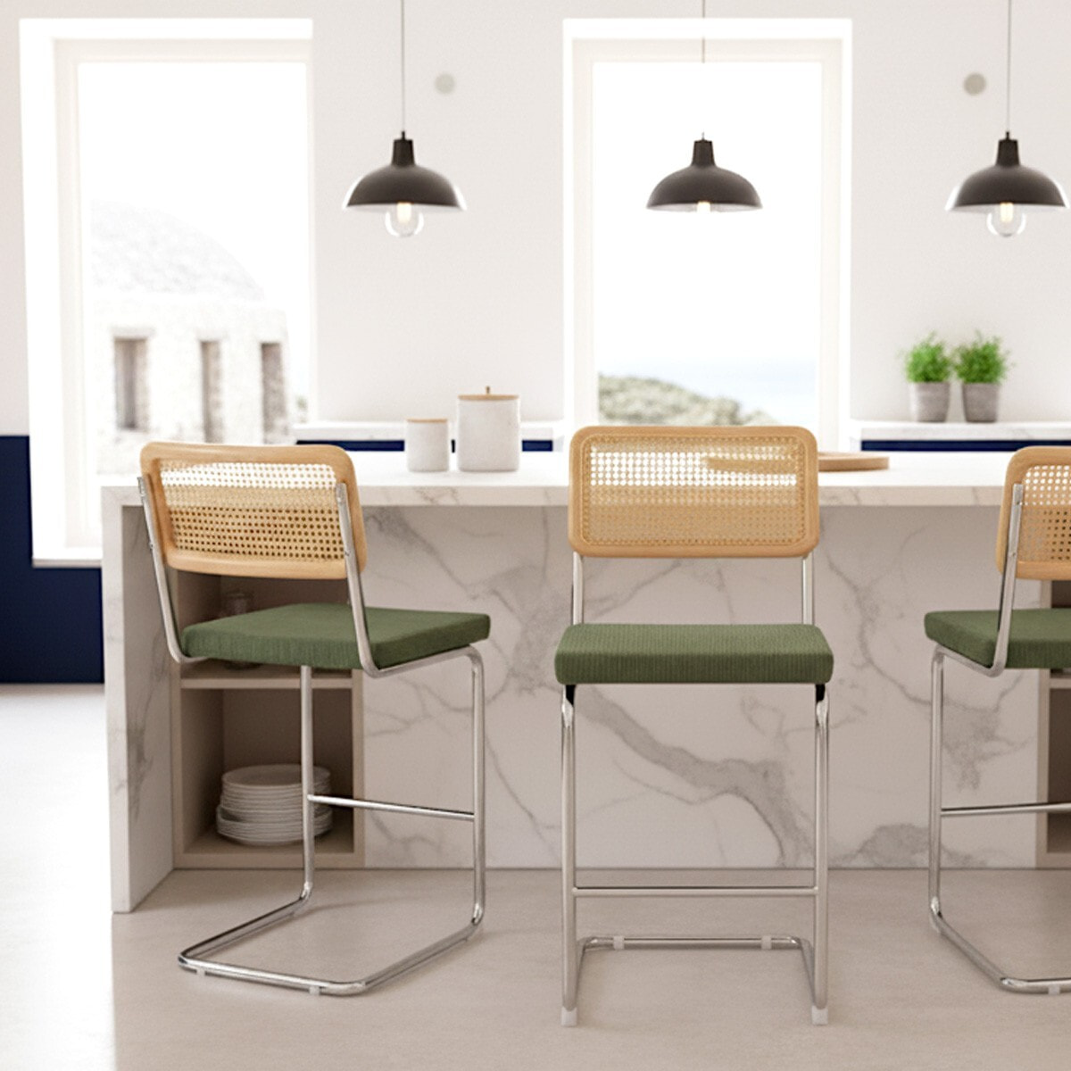 Lot de 2 tabourets de bar en cannage et velours côtelé - MUSE