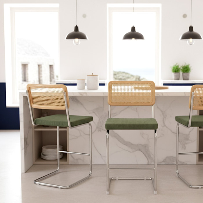 Lot de 2 tabourets de bar en cannage et velours côtelé - MUSE