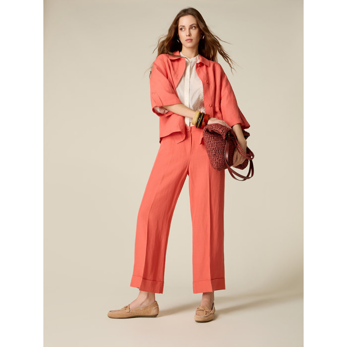 Oltre - Pantalones cropped de mezcla de lino - Naranja sol