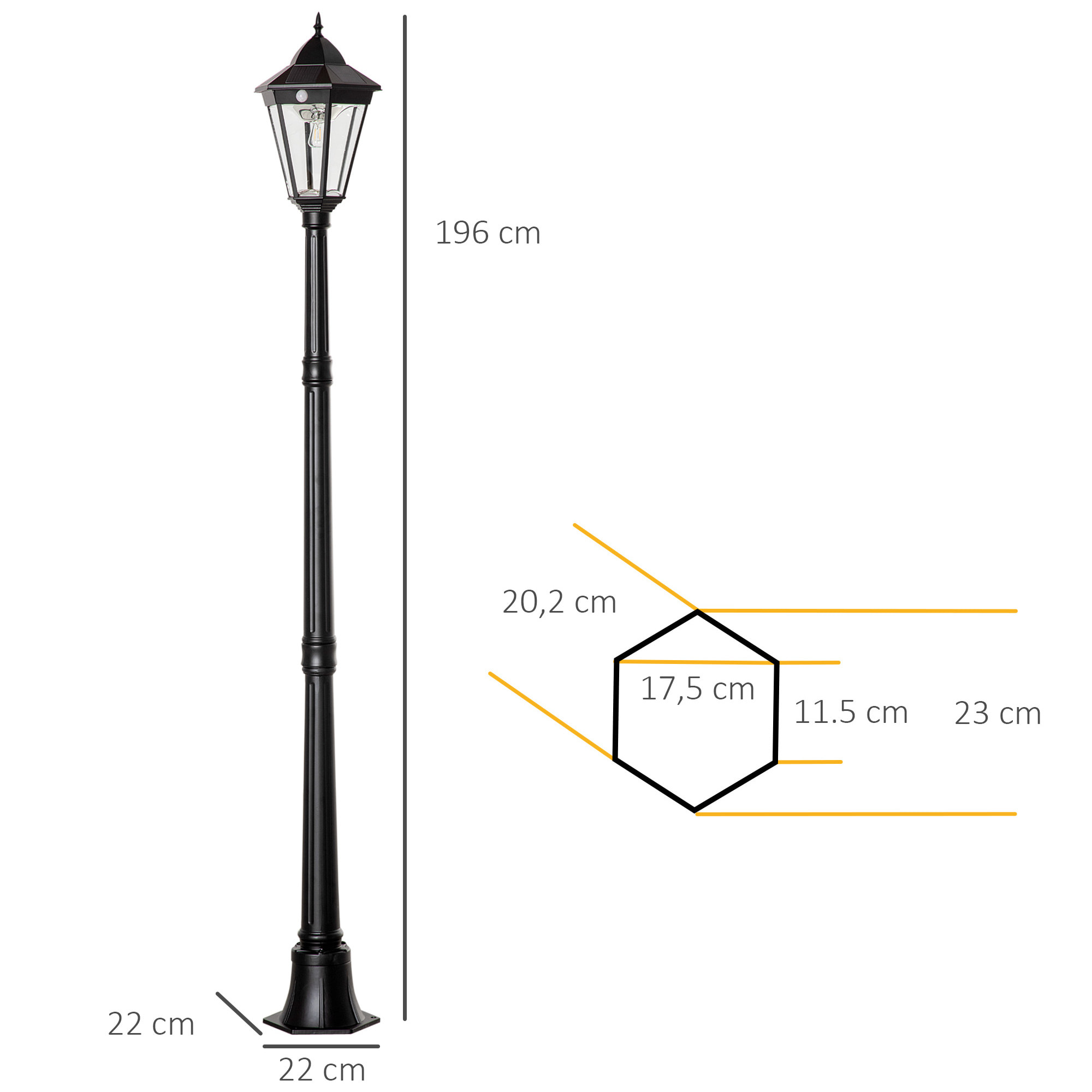 Lampadaire lanterne LED de jardin - capteur, réglable - H. 1,96 m - alu noir