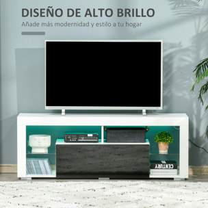 Mueble de TV para Televisiones de 55”Pulgadas Mesa para TV de Salón con Luz LED 6 Modos de Colores Mando a Distancia Cajón y Estantes de Cristal Ajustables 140x35x52 cm Blanco