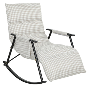 Silla Mecedora con Respaldo y Reposapiés Ajustables, Mecedora Sillón Balancín 105°, Tapizada en Lino, con Bolsillo Lateral y Marco de Metal, Carga 120 kg, para Dormitorio, Salón, Gris y Blanco