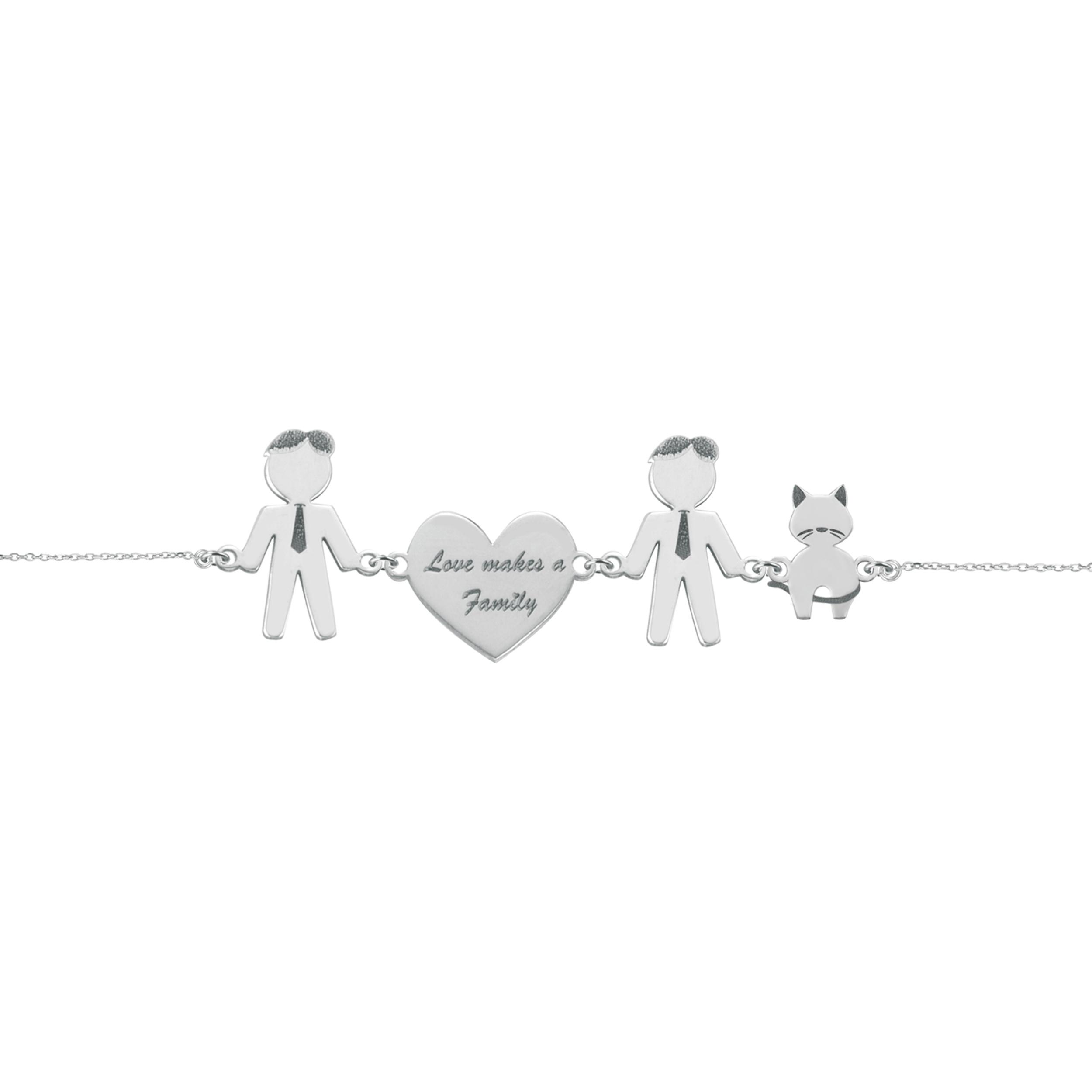 Bracciale Love Makes a Family Lui-Cuore-Lui-Gatto Argento