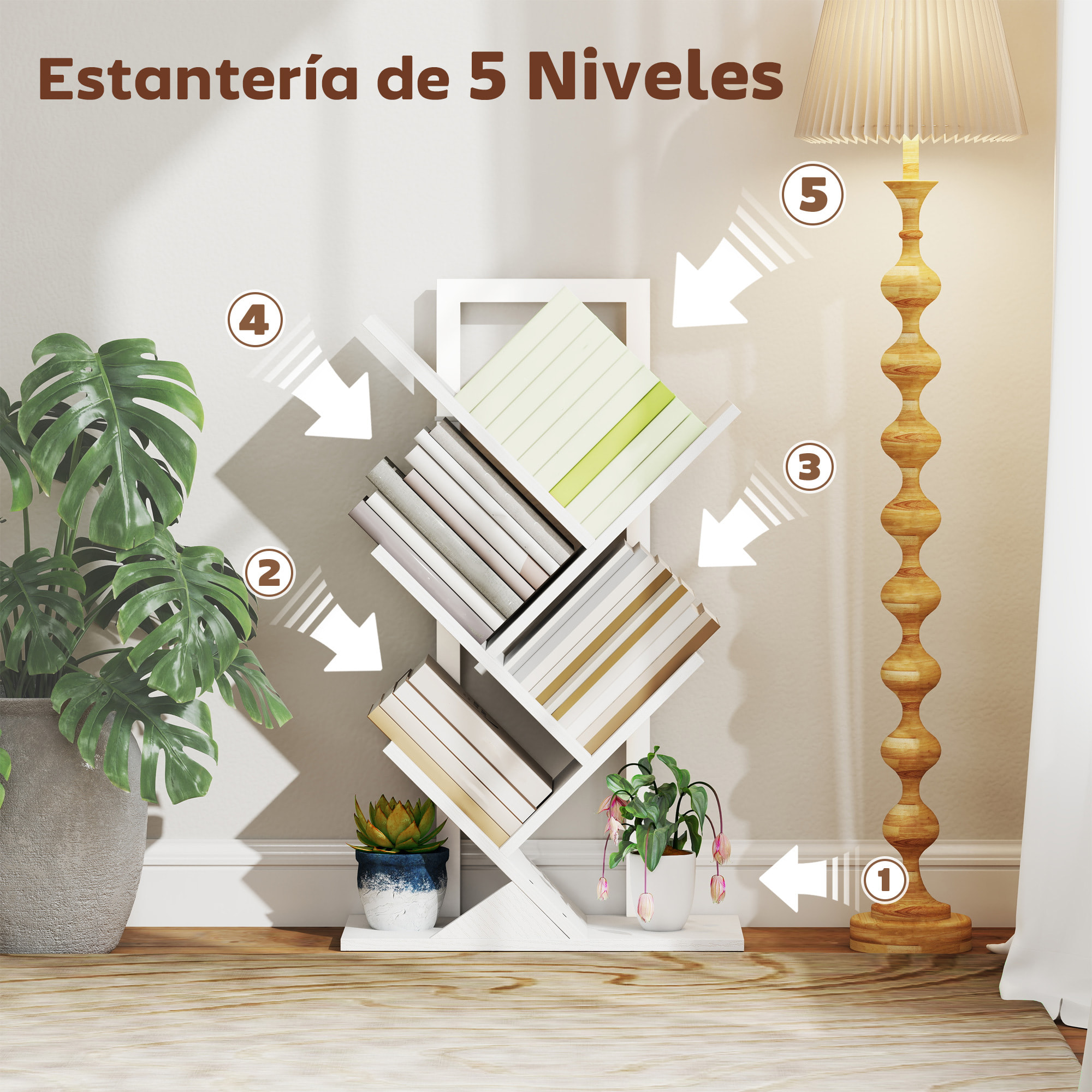 Librería en Forma de Árbol de 5 Niveles, Estantería de Libros con 5 Estantes, Estructura de Acero, para CD, DVD, Álbumes, Sala de Estar, Oficina, Estudio, Dormitorio, 50x24x82 cm, Blanco