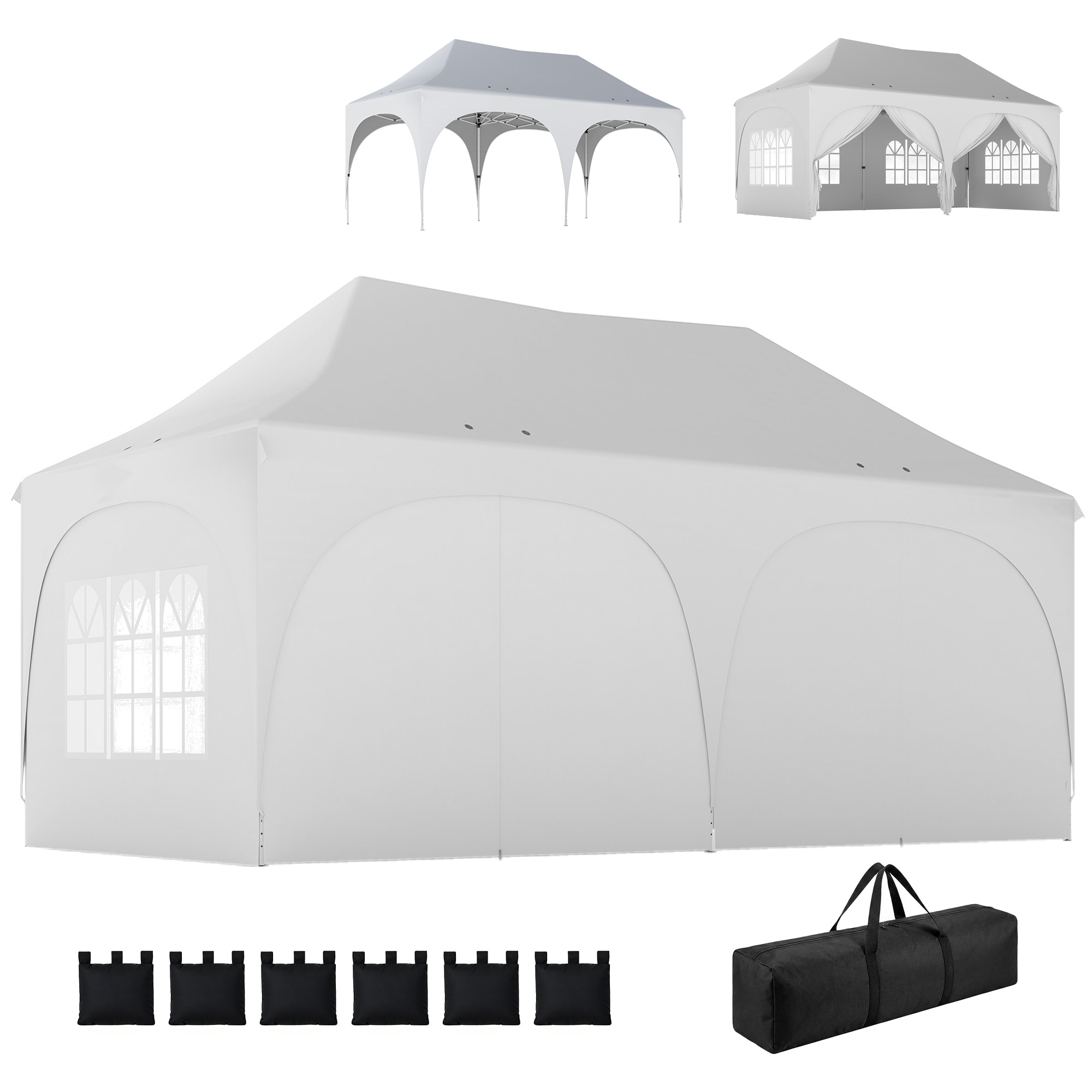 Tonnelle pliante 3x6m imperméable anti-UV, barnum avec 6 parois & 6 sacs de sable - tente de réception 12 trous de drainage - pavillon pop-up, 4 fenêtres église pour mariage, marché - blanc