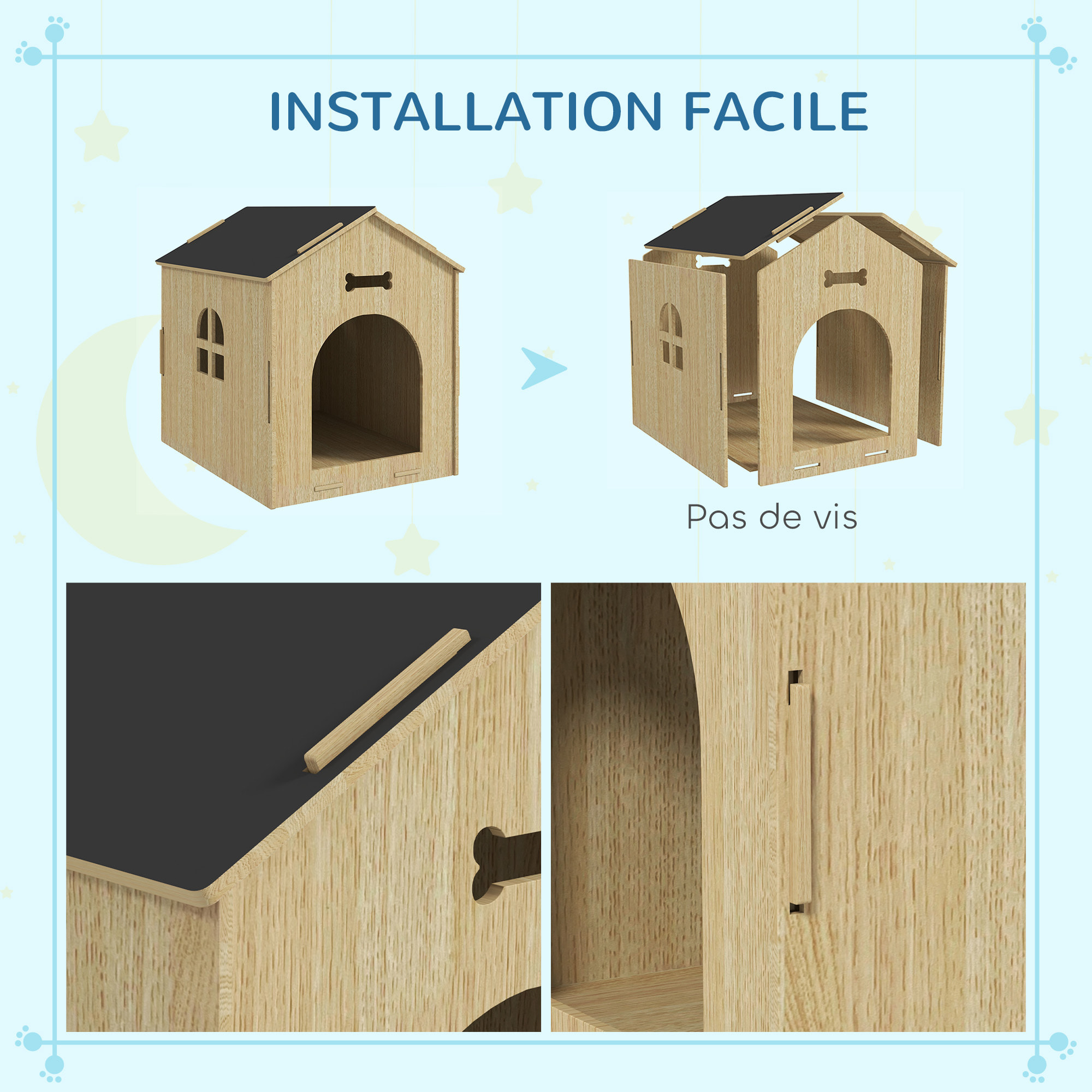 Niche intérieure en kit motif os - niche en bois intérieur - pour petits chiens - grande entrée, fenêtre - effet bois noir