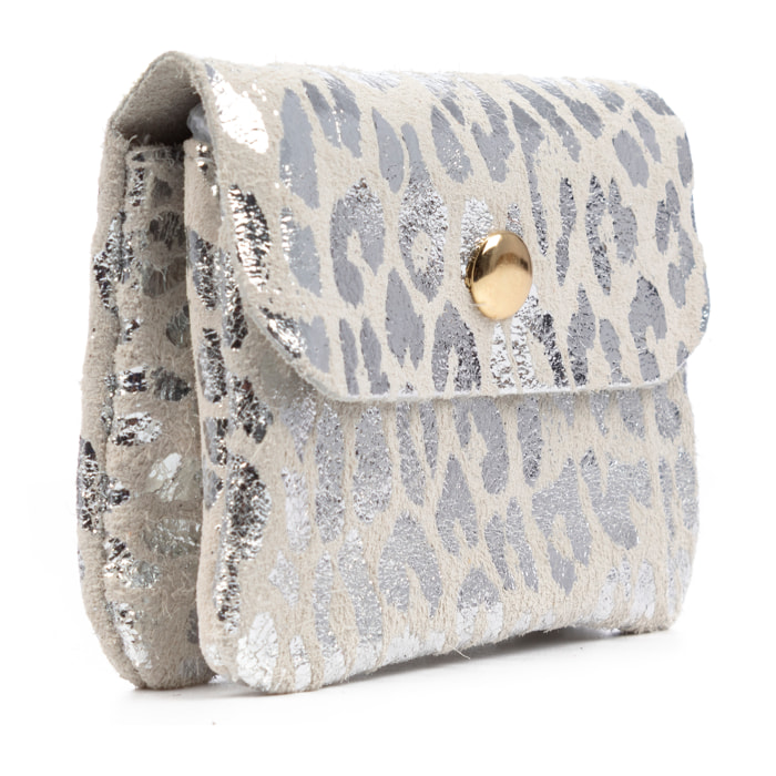 Alpignano monedero mujer. Piel auténtica Gamuza, diseño animal print leopardo, lacada brillante.
