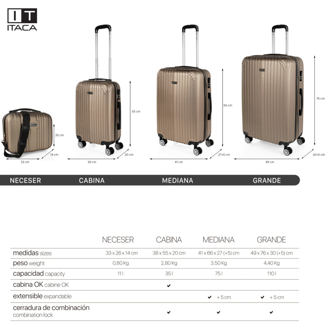 Maleta Itaca Sevron Set De 3 Unidades Champagne