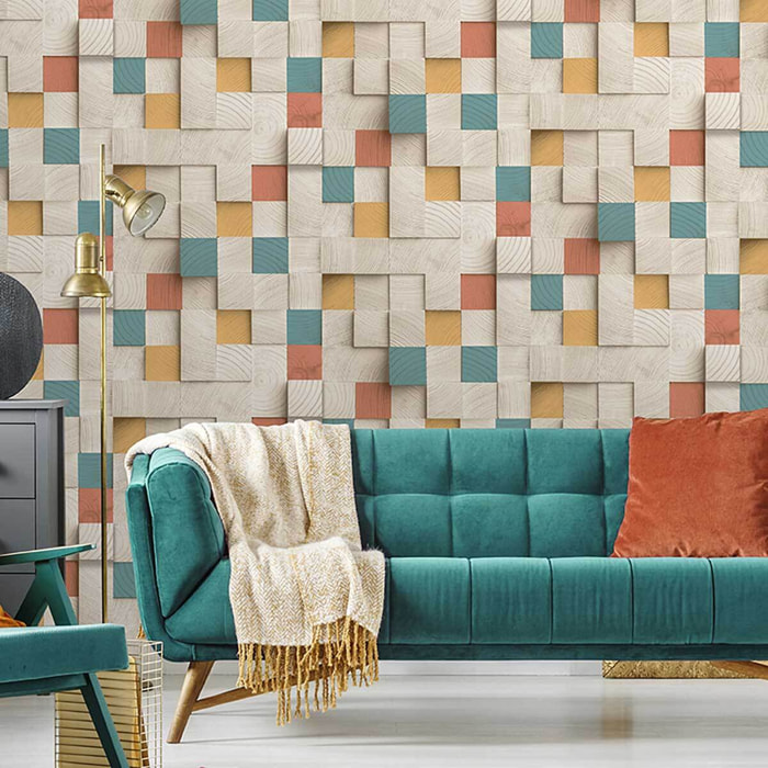 Papier peint cubes bois colorés design moderne