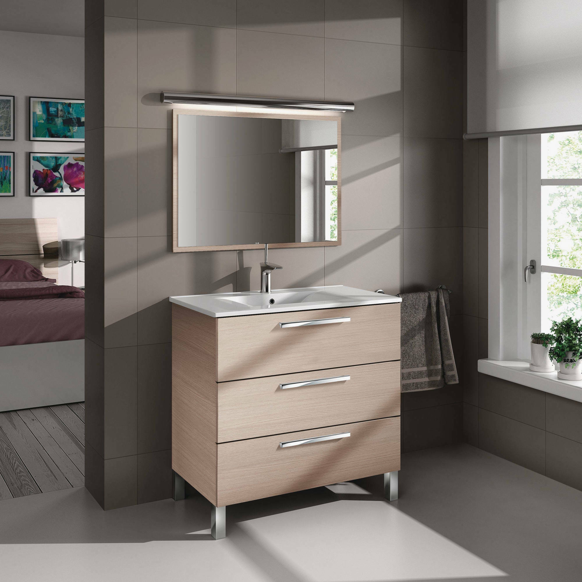 Mobile sottolavabo Palmdale, Mobiletto per bagno, Armadio a 3 cassetti e specchio, lavabo non incluso, cm 80x45h86, Rovere