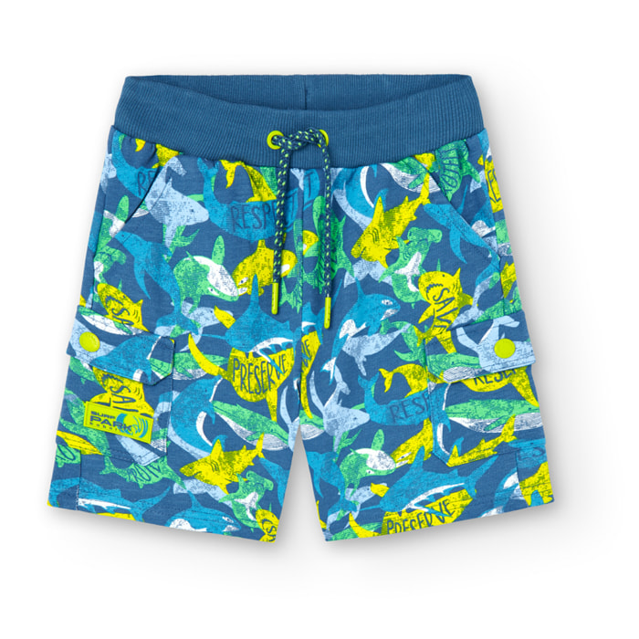 Bermudas niÃ±o, felpa estampada, azul Ã­ndigo