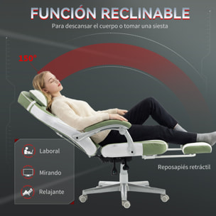 Silla Gaming, Silla Gamer Reclinable, con Altura Ajustable, Reposapiés Retráctil, Soporte Lumbar y Reposacabezas Desmontable, para Oficina, Estudio, Verde