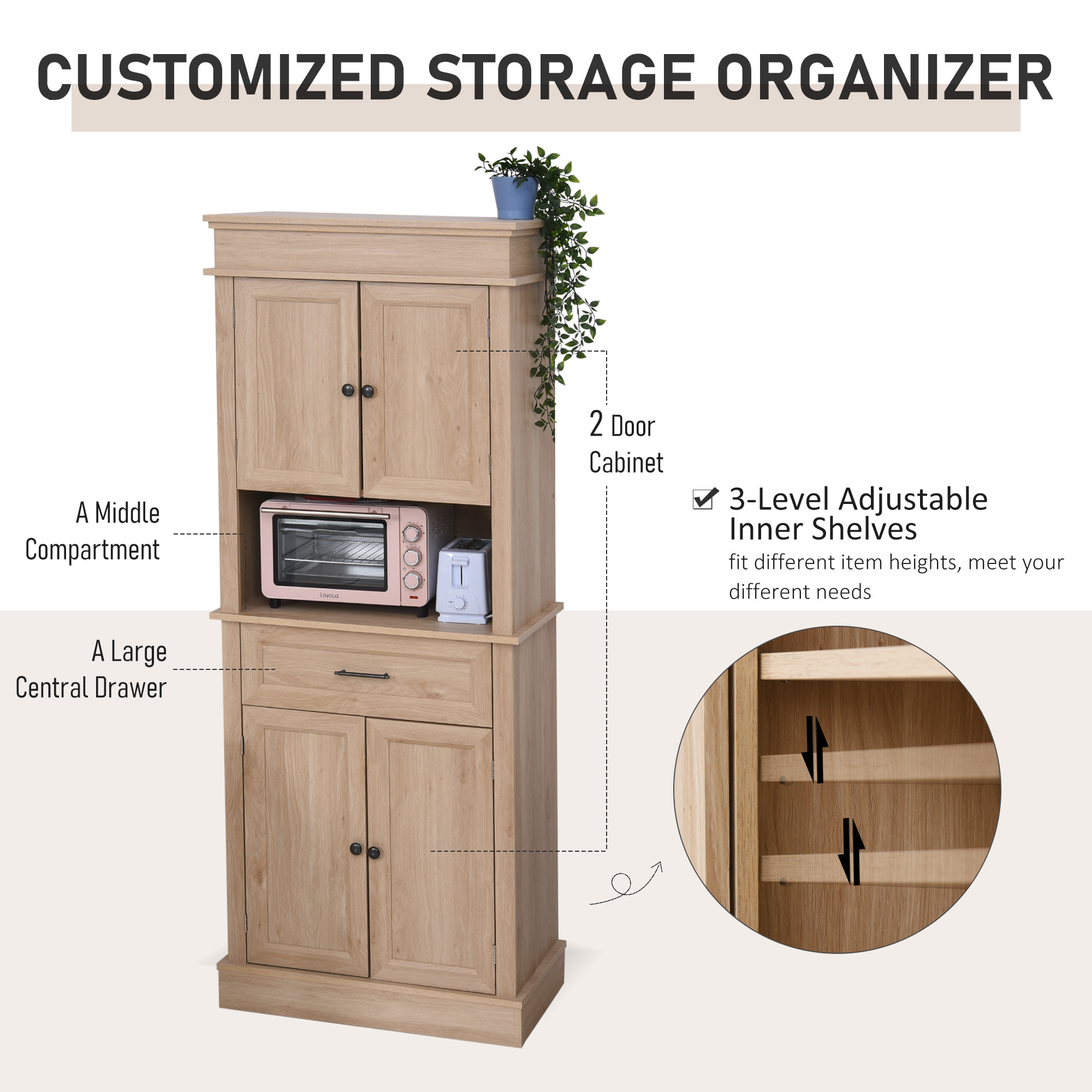 Armoire de cuisine multi-rangements 2 placards 2 portes tiroir niche MDF panneaux chêne clair