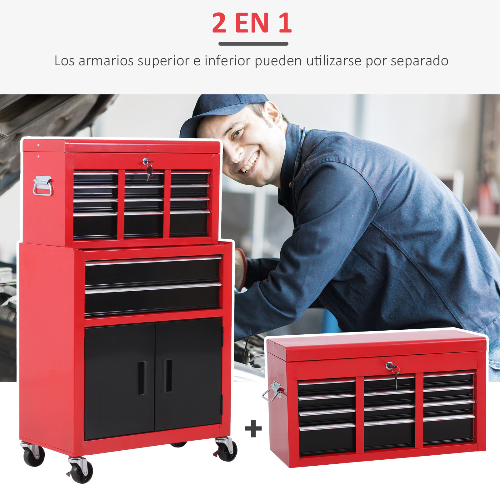 Carro de Herramientas con Baúl Superior, 2 en 1, Carro de Taller con 6 Cajones, Armario, Cerradura, 4 Ganchos, 2 Ruedas con Freno de Bloqueo, para Garaje, Hogar, Rojo