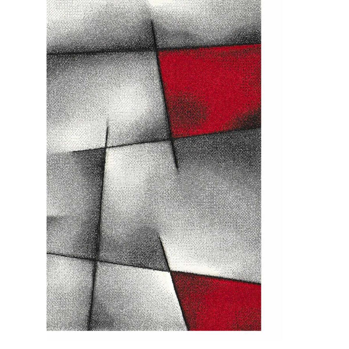 Tapis Rahi gris et rouge aux motifs géométriques