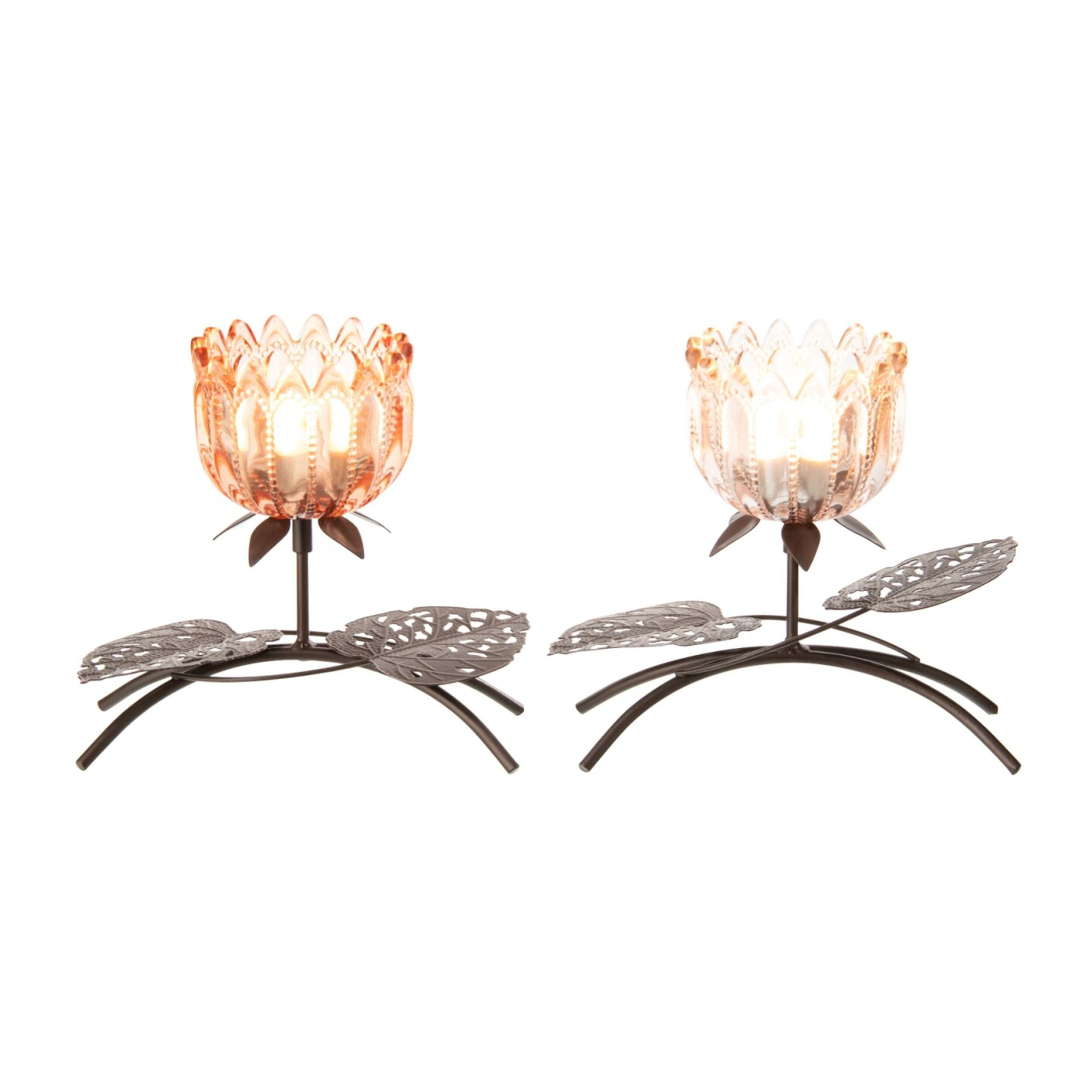 J-Line Photophore Fleur - métal/verre - rose clair/orange - small - 2 pièces