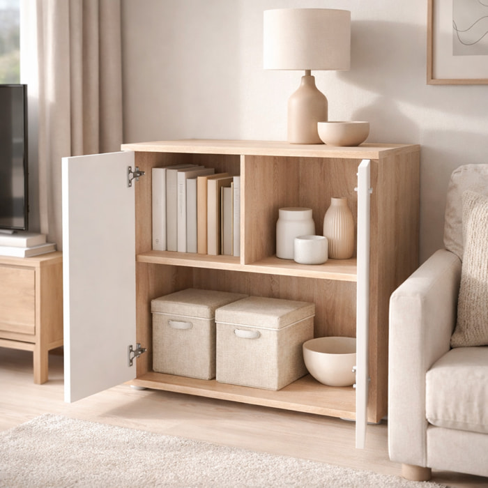 Madia Credenza Moderna 2 Ante con Ripiano Mobile Salvaspazio Per Soggiorno Ingresso Cucina Stile Nordico 74 x 68 x 34 Cm Colore Bianco E Rovere