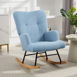 Silla Mecedora, Mecedora de Terciopelo de Teddy con Respaldo Alto, Patas de Madera de Caucho, Reposabrazos, Estilo Moderno, Sillón de Lactancia, Carga 120 kg, para Dormitorio, Salón, Azul Claro