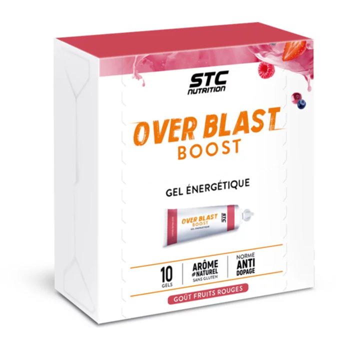 STC NUTRITION - Over Blast® Boost - Gel énergétique enrichi en complexe dynamisant - Norme anti-dopage- Goût citron - 10 dosettes - Fruits rouges - Texture liquide