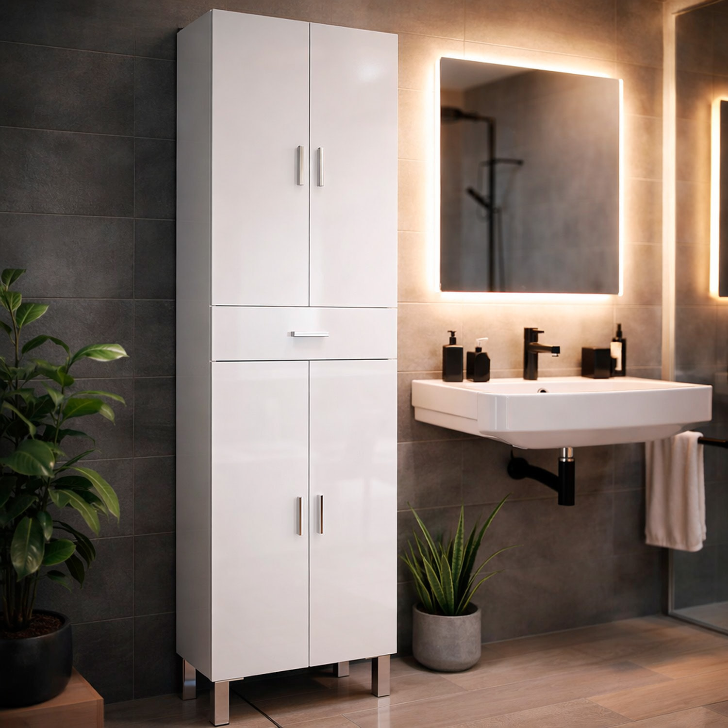 Colonna Bagno Con 4 Ante 4 Ripiani E Cassetto Mobile Alto Moderno Salvaspazio Con Mensole Regolabili Bagno Lavanderia 182 x 60 x 29 Cm Colore Bianco