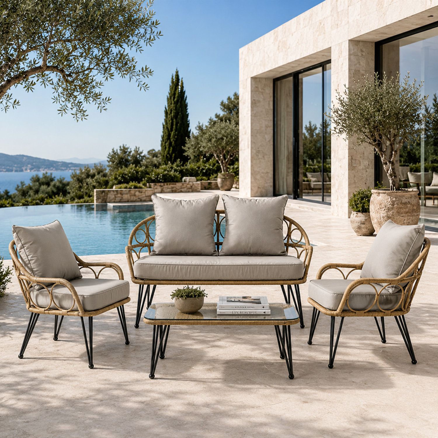 Salon de jardin 4 places avec table basse effet rotin naturel ALMADA