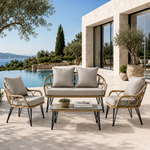 Salon de jardin 4 places avec table basse effet rotin naturel ALMADA