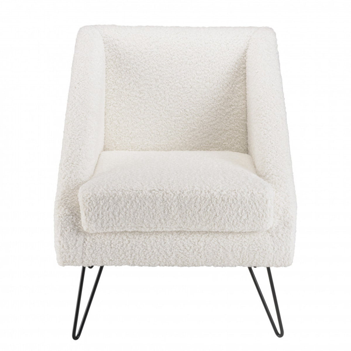 ALBANE - Fauteuil tissu bouclette blanc pieds épingles métal noir