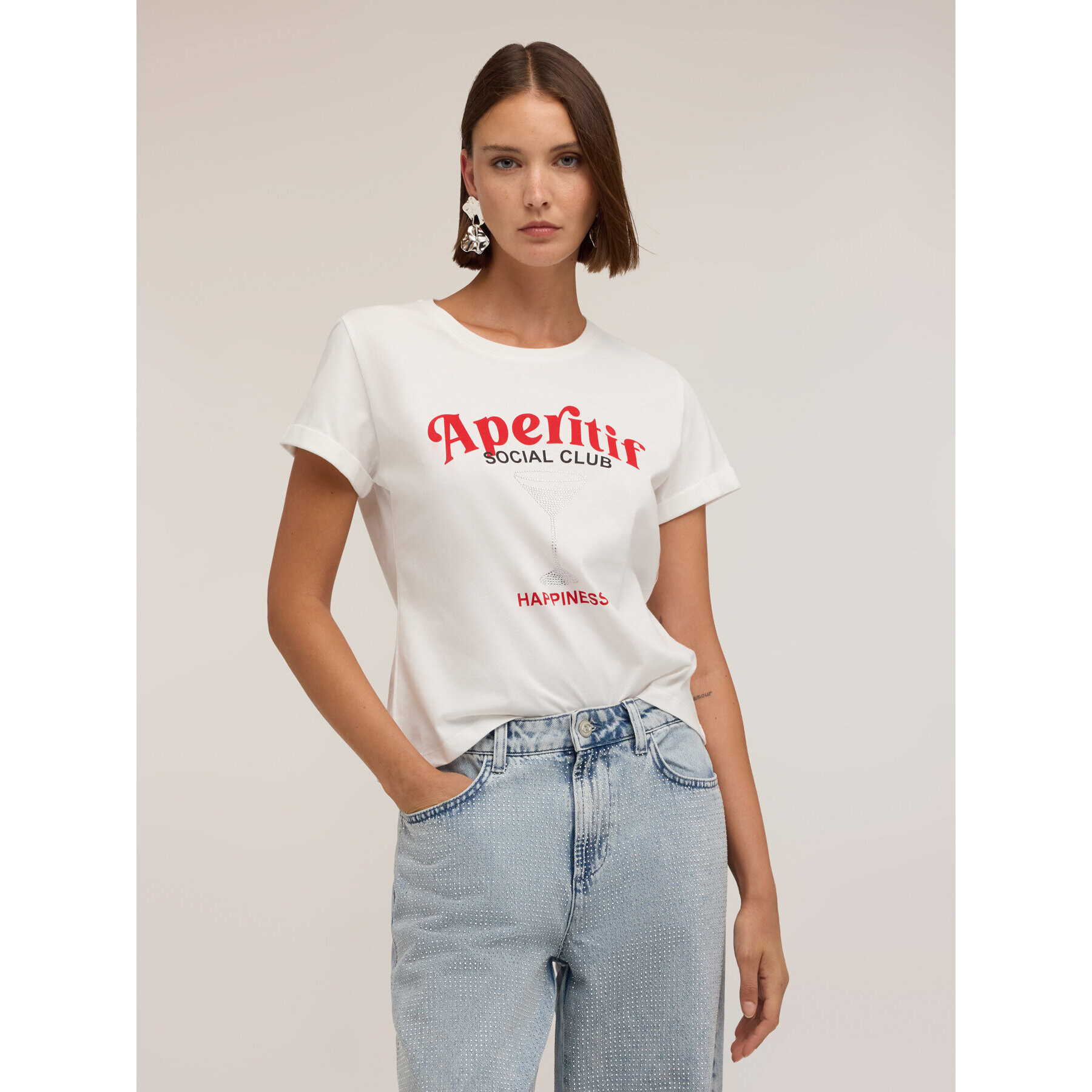 Motivi - Camiseta con estampado y aplicaciones de estrás - Blanco