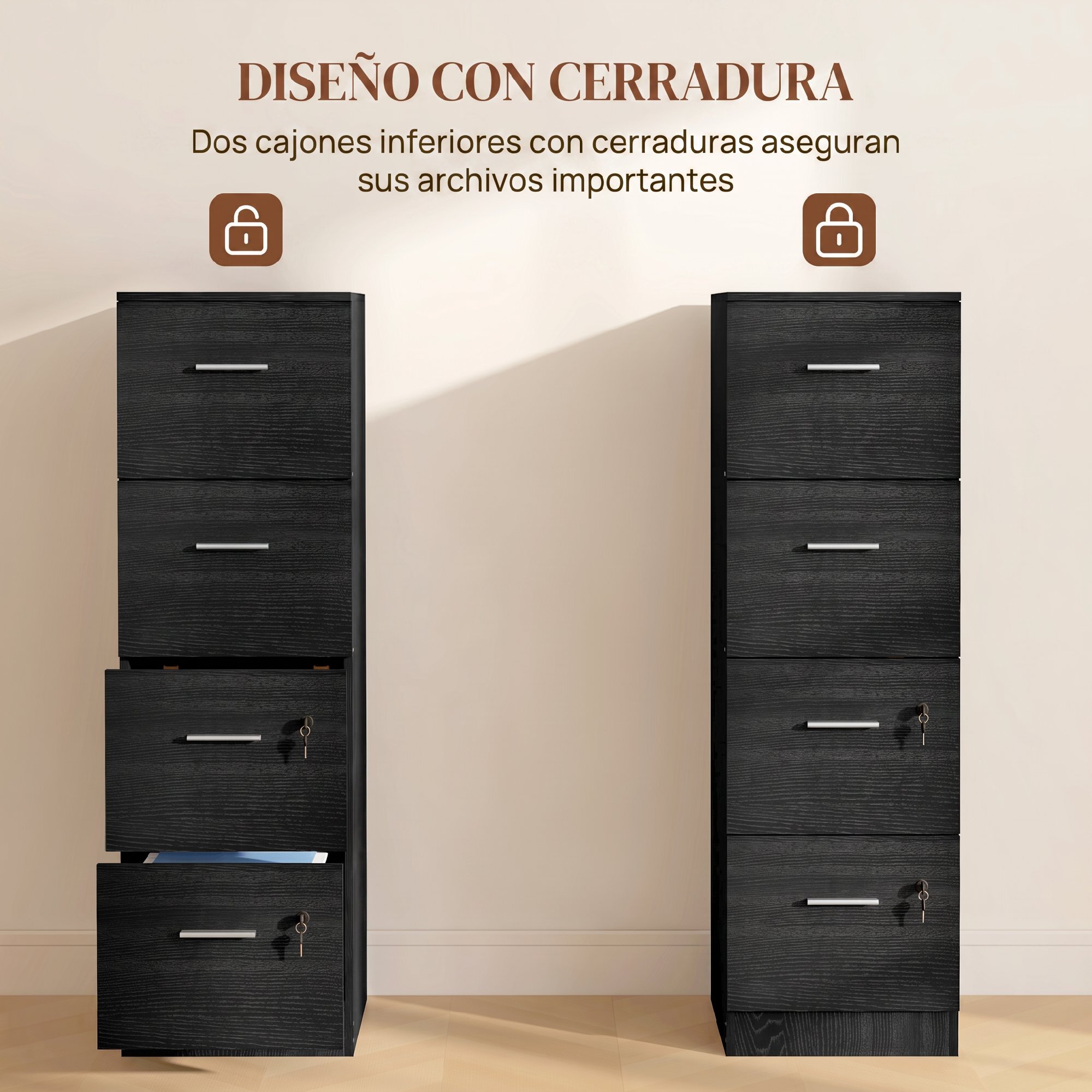 Cajonera Escritorio con 4 Cajones, Cajonera de Oficina con Cerraduras, Barras Ajustables para Archivos Tamaño A4 y Carta, Archivador para Estudio, Salón, 40x42x130,8 cm, Negro
