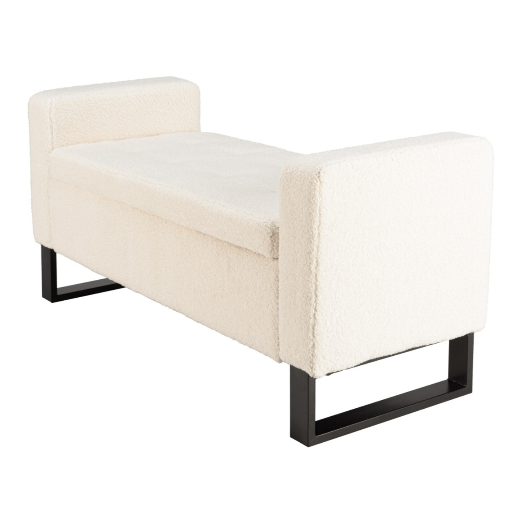 LEOPOLD - Banc tissu bouclette écru avec rangement et pieds métal noir