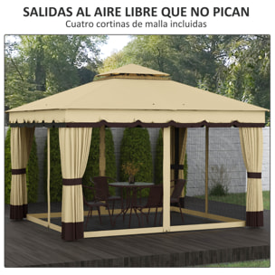 Cenador de Jardín 370x300x275 cm Gazebo de Exterior con 4 Paredes Laterales 4 Mosquiteras Doble Techo Impermeable y Anti-UV para Terraza Patio Playa Beige