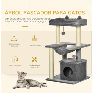 Árbol Rascador para Gatos Altura 90 cm Árbol para Gatos Torre para Gatos de 3 Niveles con Nido Hamaca Plataforma Bolas Colgantes y Poste de Sisal 48x48x90 cm Gris