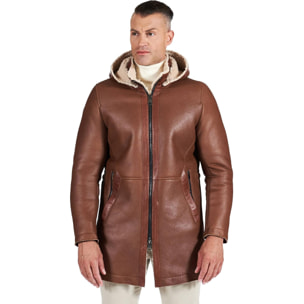 Cappotto montone cuoio Shearling uomo cappuccio staccabile