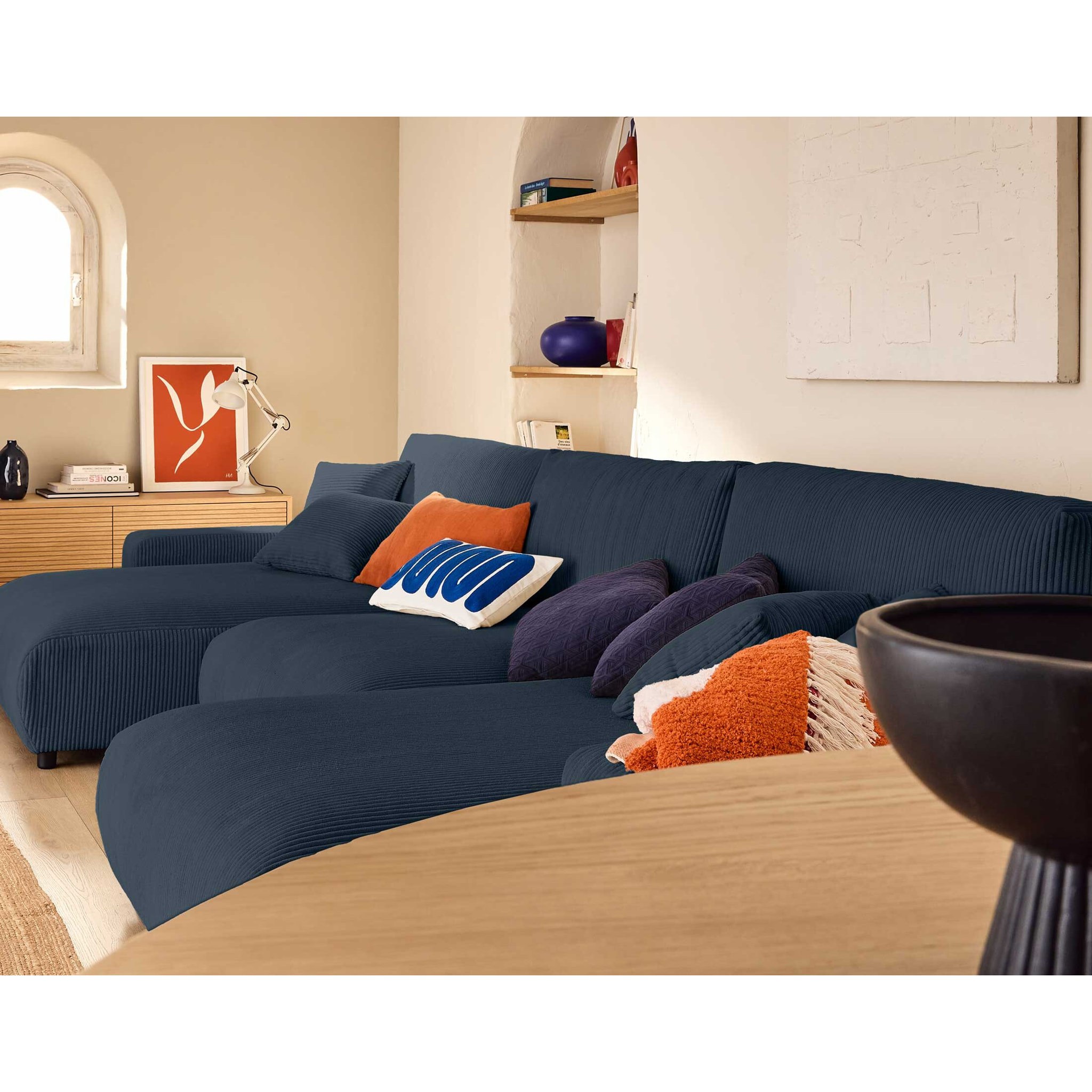 Pivoine - canapé panoramique en U - 7 places - convertible avec coffre - en velours côtelé - Bleu nuit