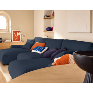 Pivoine - canapé panoramique en U - 7 places - convertible avec coffre - en velours côtelé - Bleu nuit