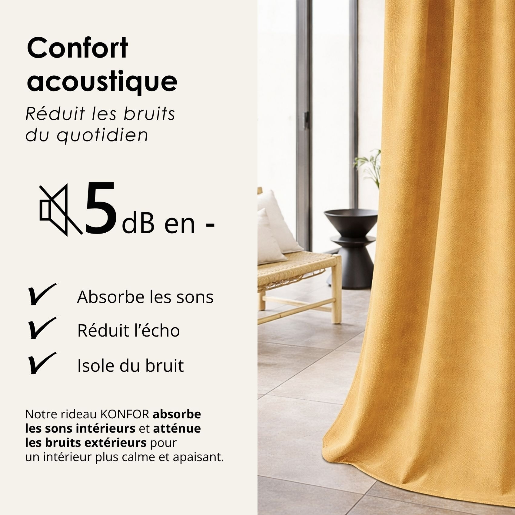 Rideau thermique phonique et semi occultant à galons fronceurs KONFOR - Jaune Ocre