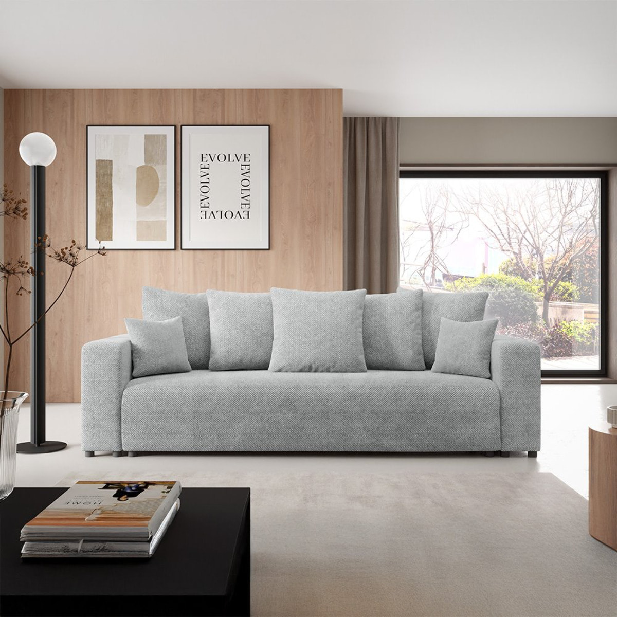 GLORIA - Canapé droit convertible 3 places en tissu gris