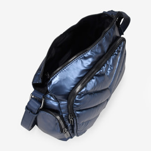 Bolso bandolera acolchada azul metalizado con bolsillos