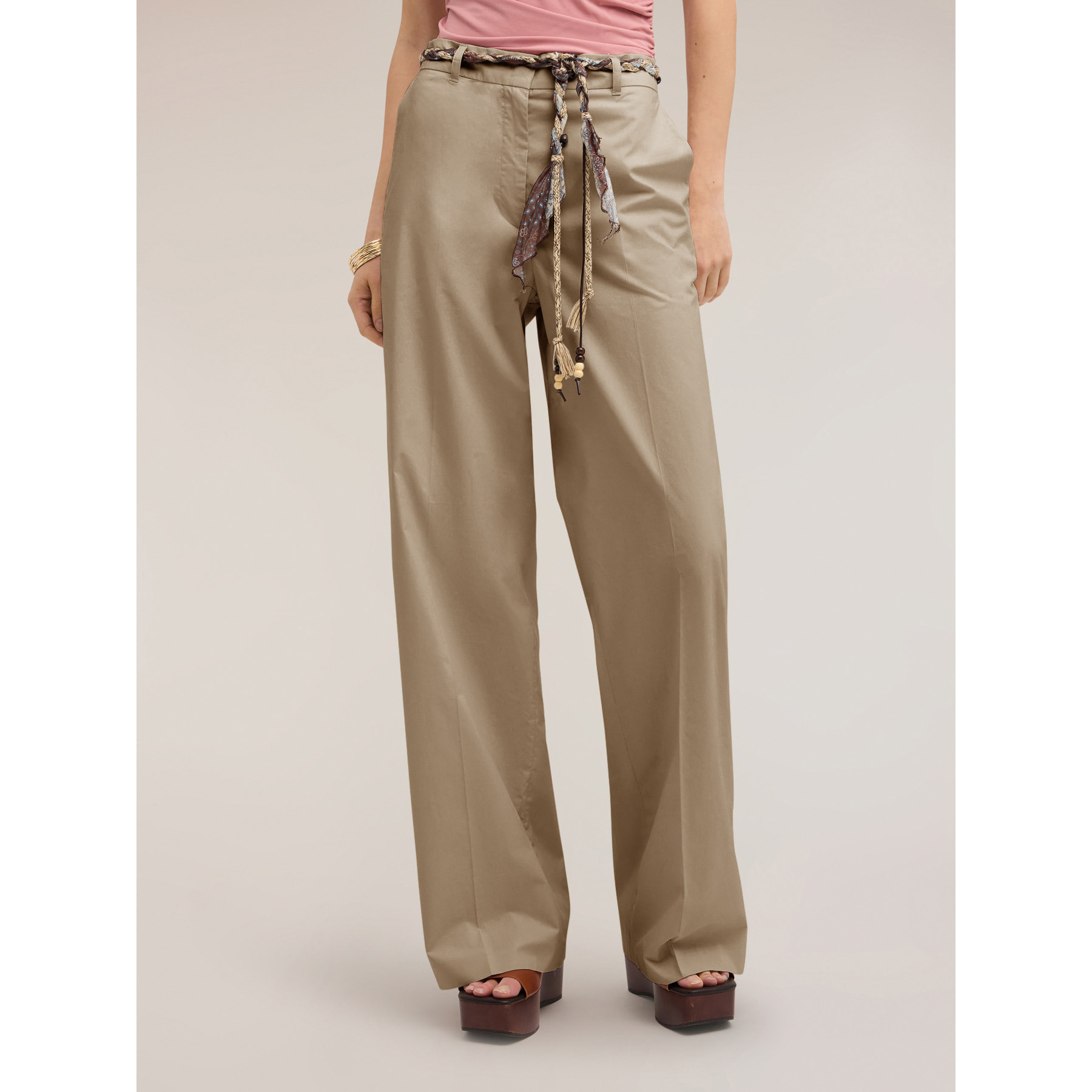 Motivi - Pantalones palazzo de algodón con cinturón - Beige
