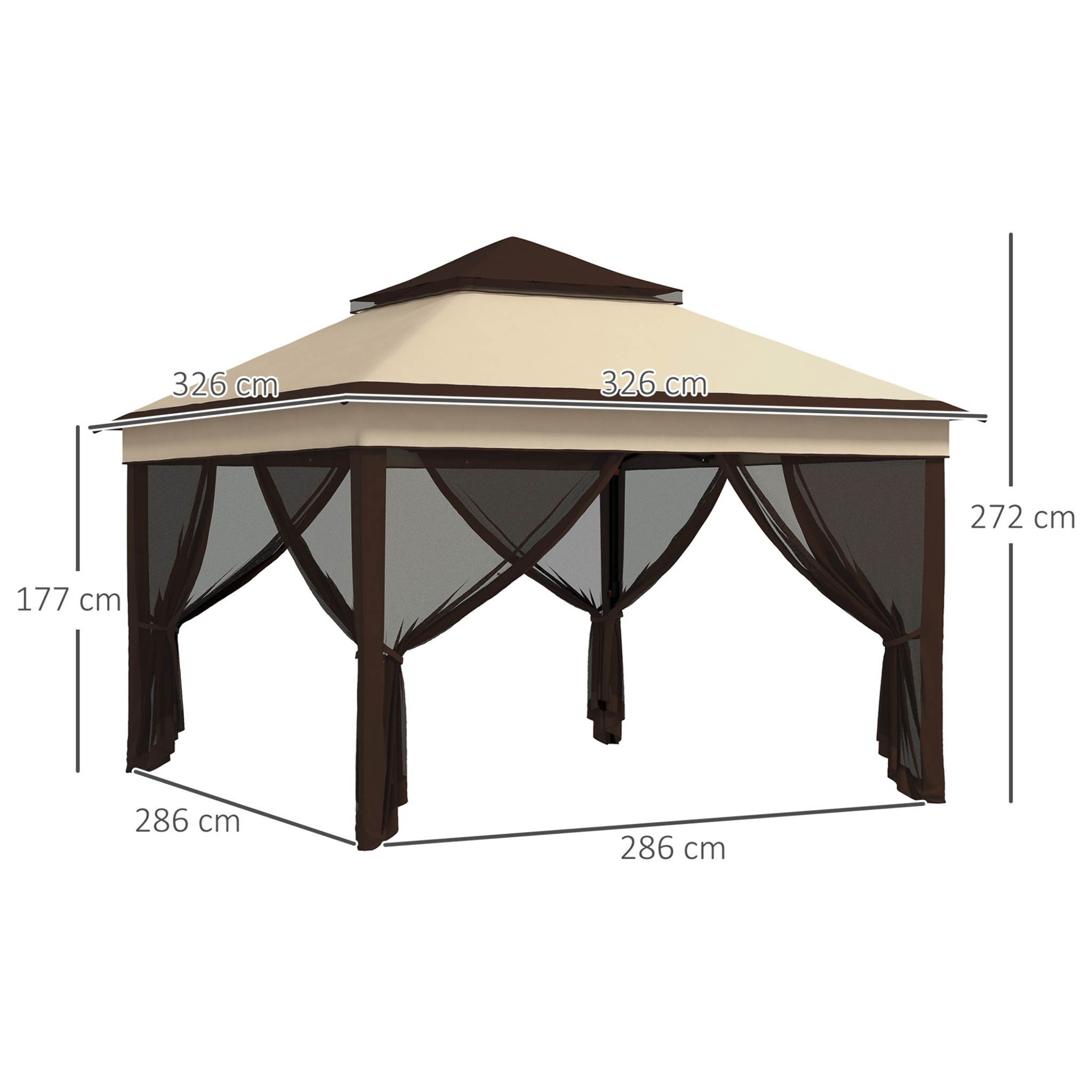 Carpa Plegable 3x3x2,7 m Cenador de Jardín con Doble Techo Altura Ajustable 4 Mosquiteras Protección UV30+ Impermeable y Bolsa Gazebo para Exterior Fiestas Camping Beige y Café