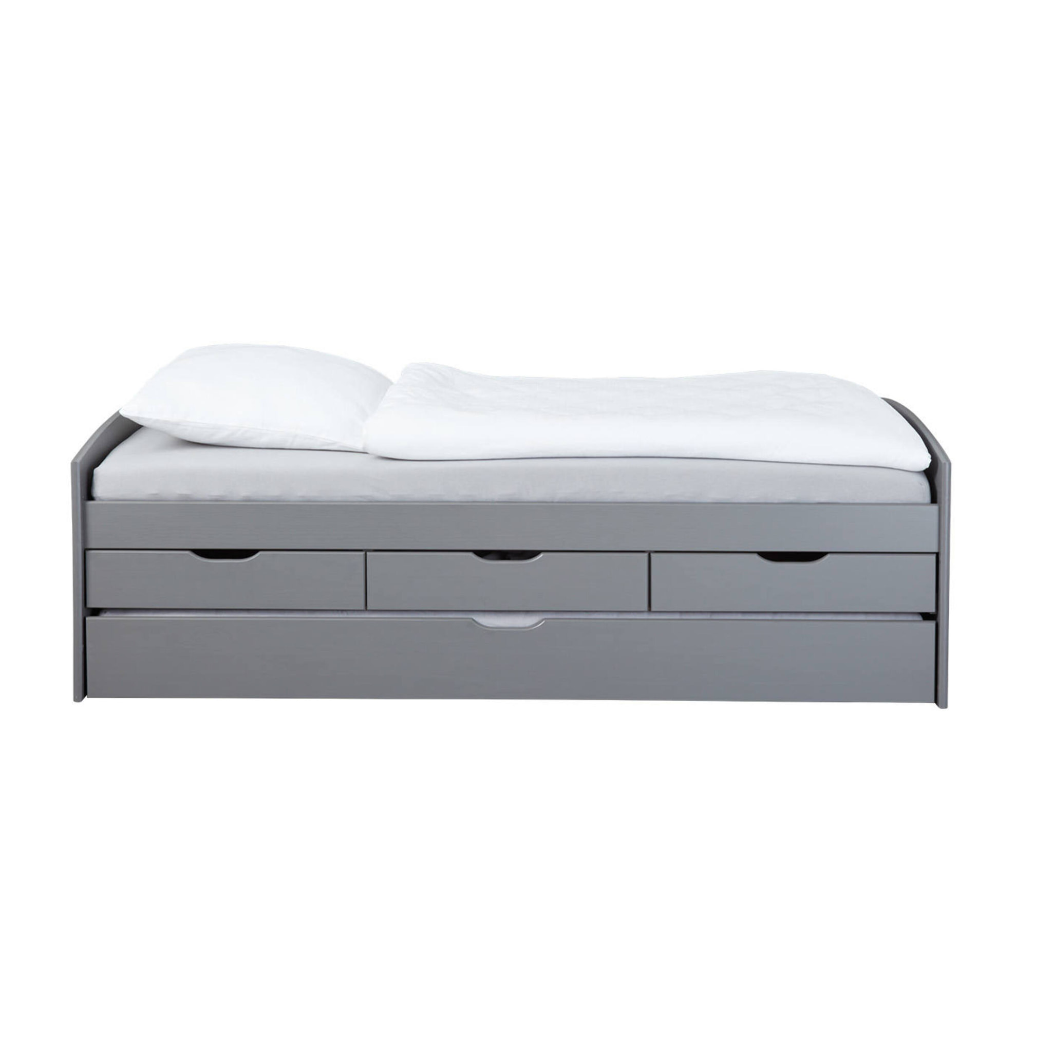 Letto con cassetti contenitore e secondo letto inferiore a estrazione, in pino massello tinto grigio, cm 98x205x63, reti escluse