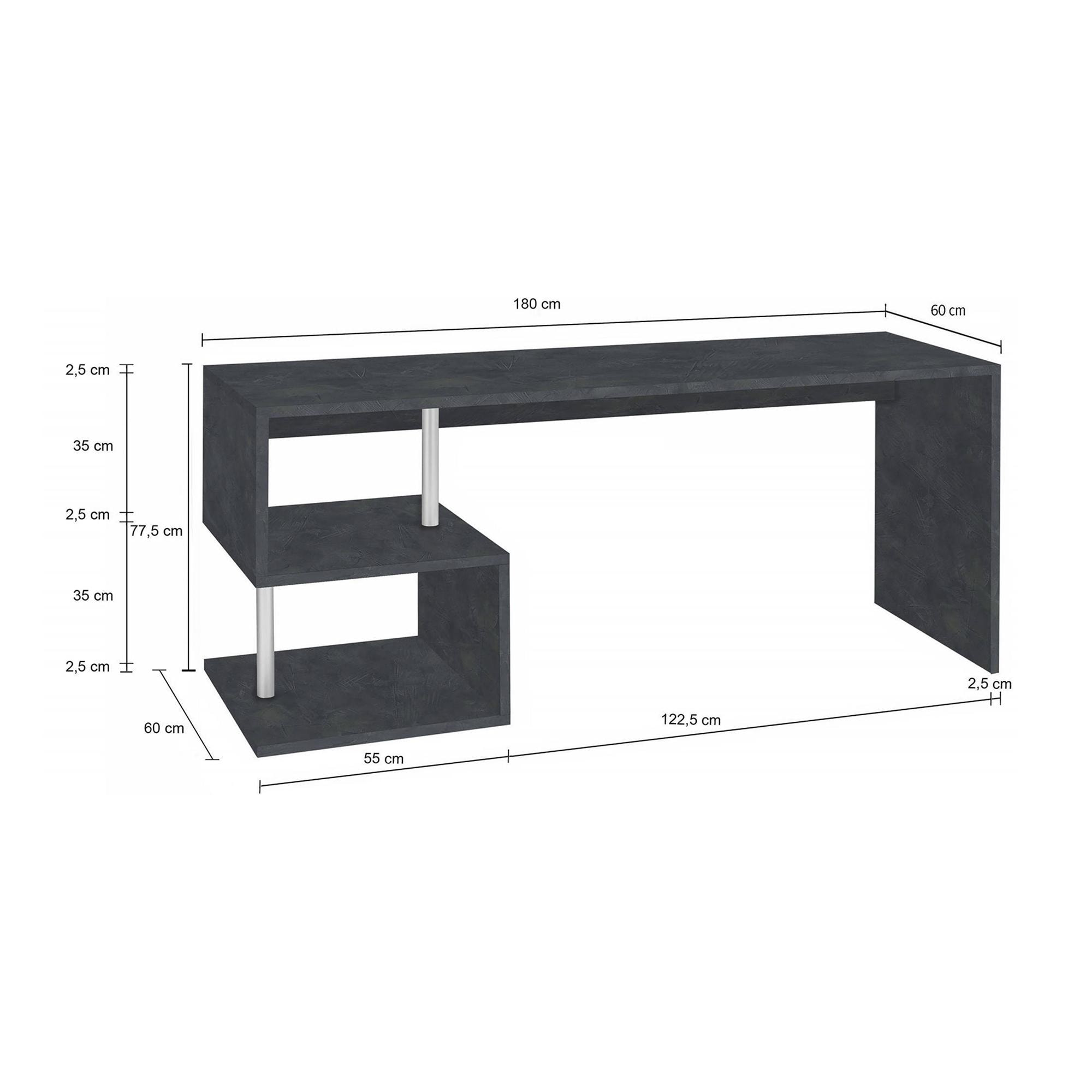 Scrivania moderna ad Esse per ufficio e studio con scaffale, Made in Italy, Tavolo da computer, Scrittoio porta PC, cm 180x60h78, colore Grigio Cenere