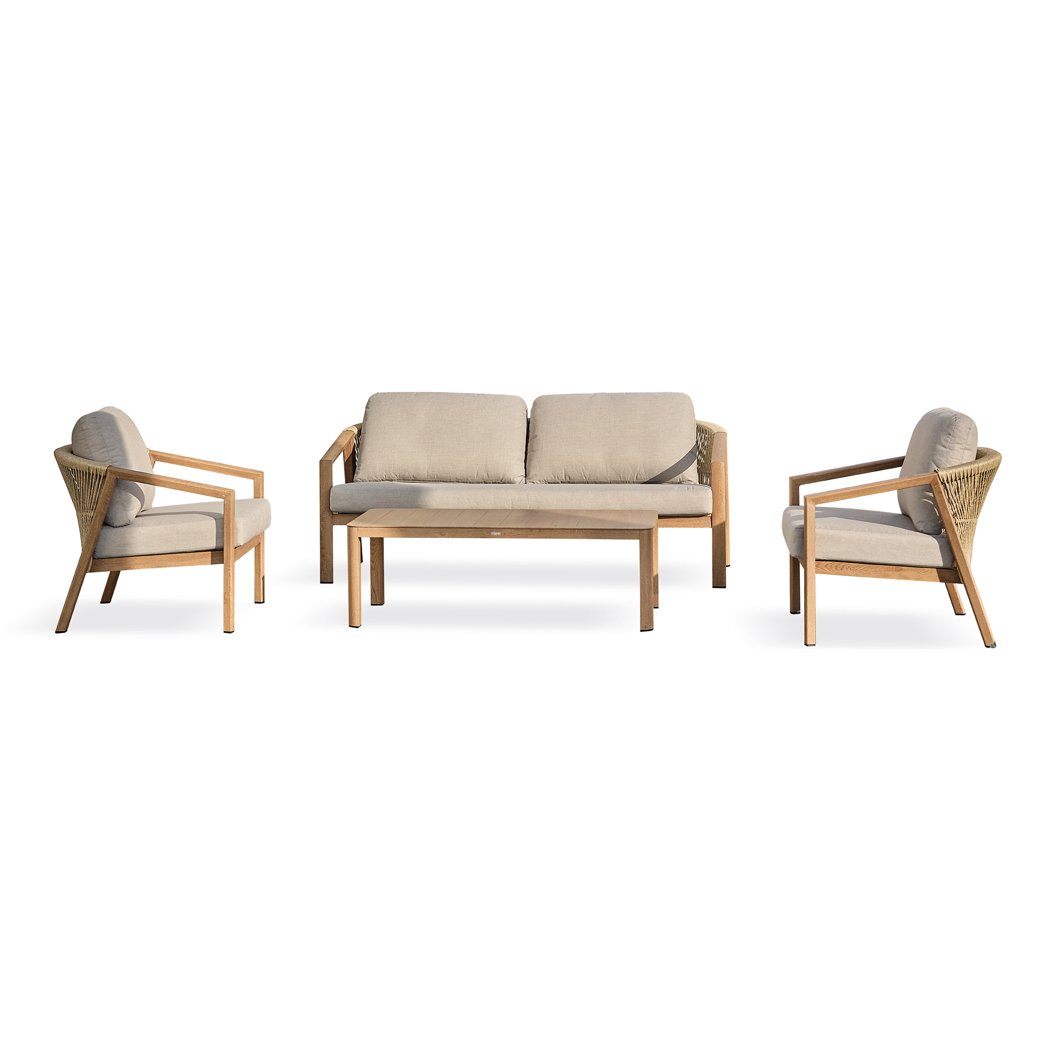 GOYA - Salon bas de jardin 5 pl en aluminium imitation bois, coussins