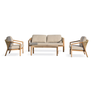 GOYA - Salon bas de jardin 5 pl en aluminium imitation bois, coussins